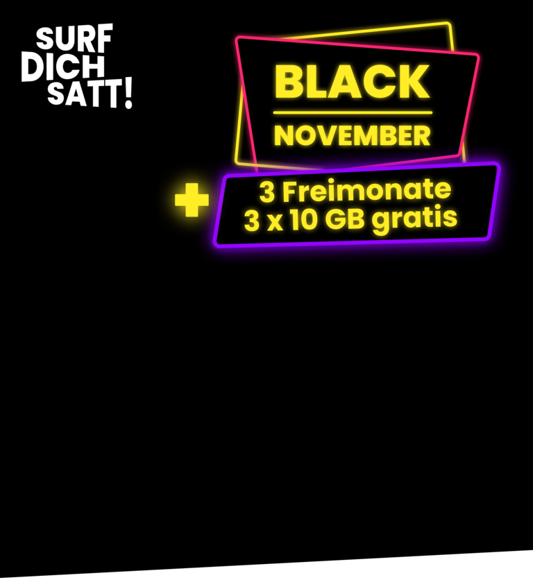 Schriftzug Black November mit 3 x 10 GB gratis und 3 Freimonaten