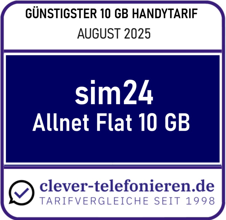Auszeichnung: clever-telefonieren.de - Günstigster 10 GB Handytarif